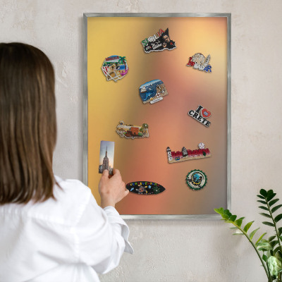 Souvenir magnet display board with a silver frame Colorful glow