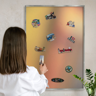 Souvenir magnet display board with a silver frame Colorful glow