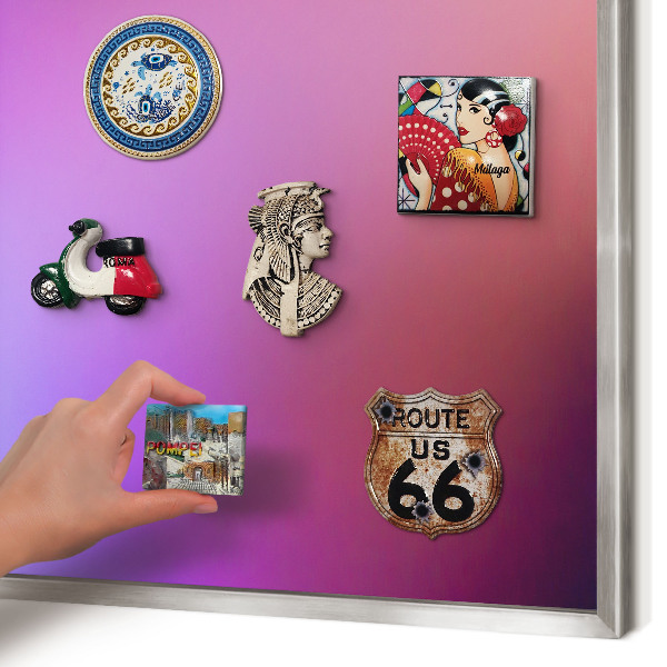 Souvenir magnet display board with a silver frame Colors of harmony