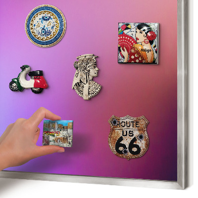 Souvenir magnet display board with a silver frame Colors of harmony