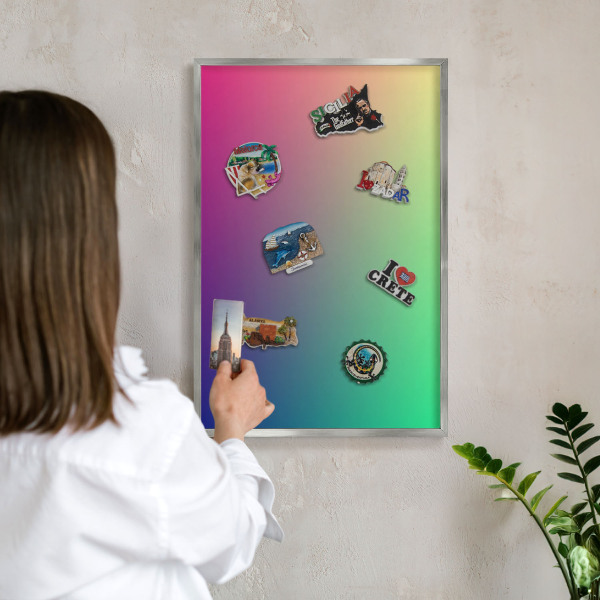 Souvenir magnet display board with a silver frame Colorful gradient