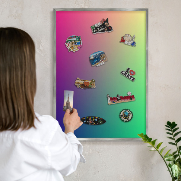 Souvenir magnet display board with a silver frame Colorful gradient