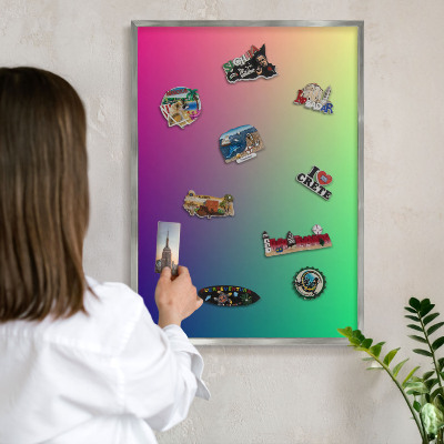 Souvenir magnet display board with a silver frame Colorful gradient