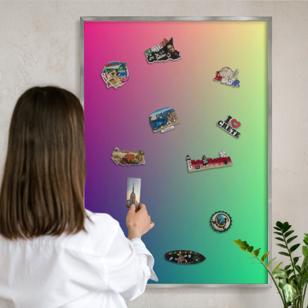 Souvenir magnet display board with a silver frame Colorful gradient