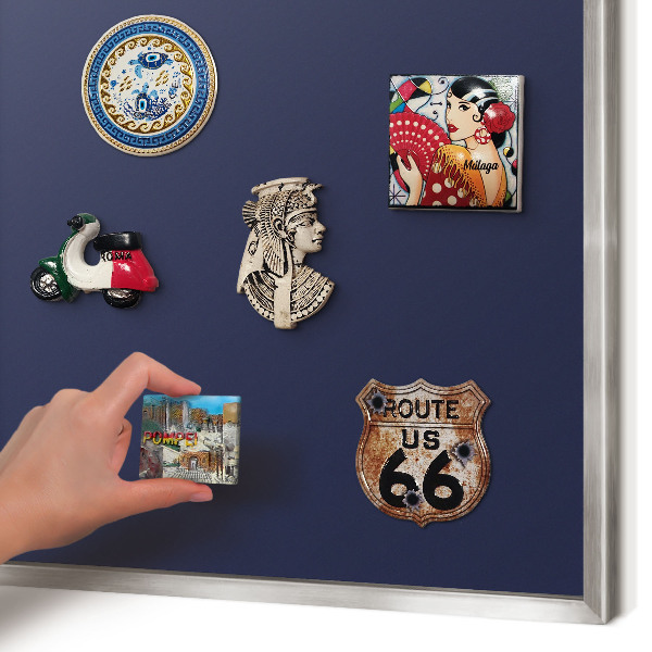 Souvenir magnet display board with a silver frame Dark navy blue