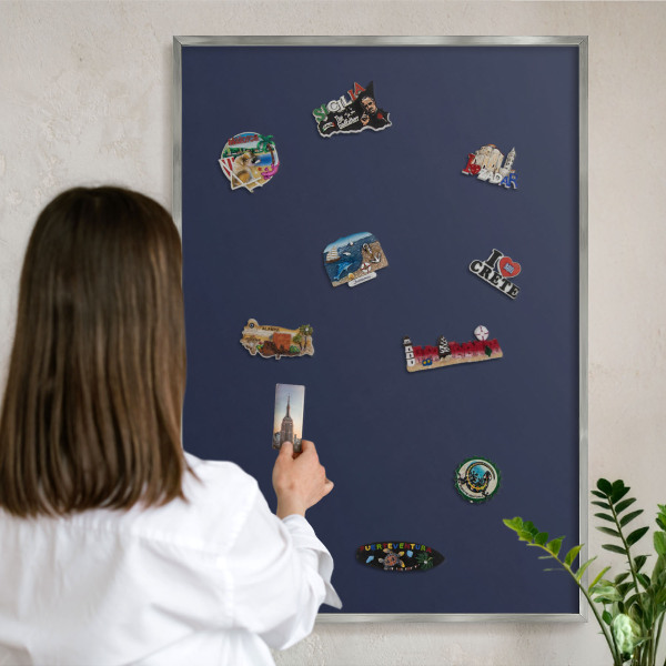 Souvenir magnet display board with a silver frame Dark navy blue