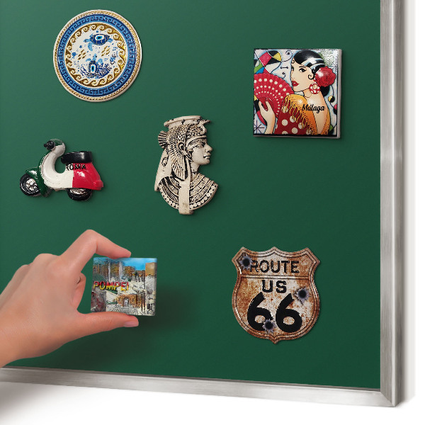 Souvenir magnet display board with a silver frame Bottle green