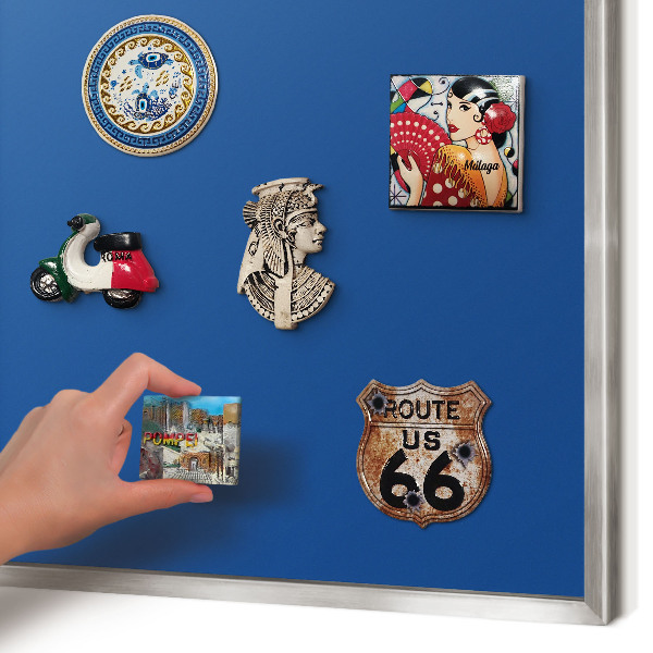 Souvenir magnet display board with a silver frame Dark blue