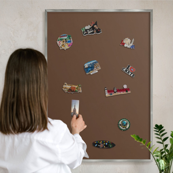 Souvenir magnet display board with a silver frame Chestnut brown