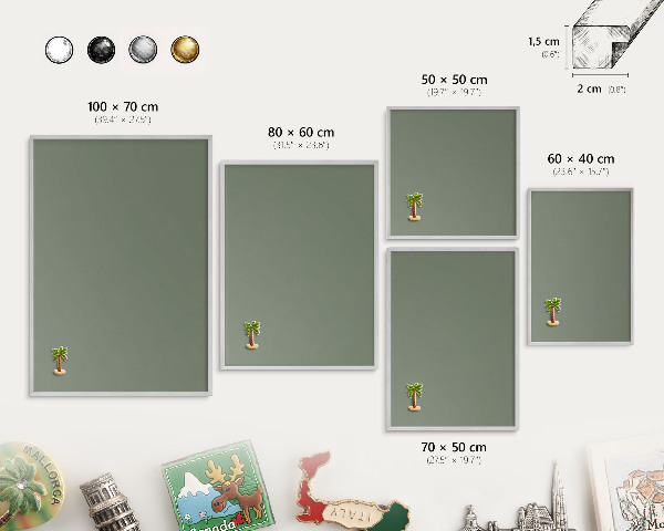 Printed magnet board in a silver frame Dark sage