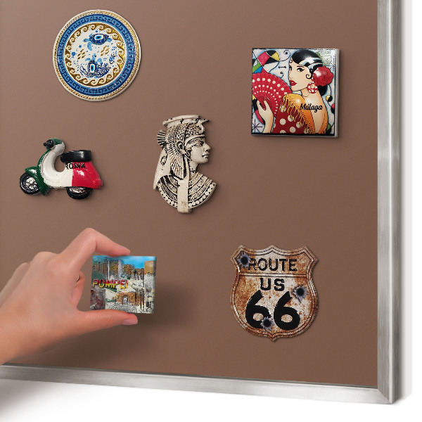 Souvenir magnet display board with a silver frame Brown color