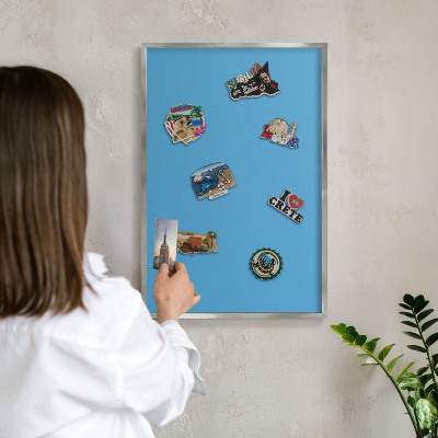 Printed magnet board in a silver frame Blue water