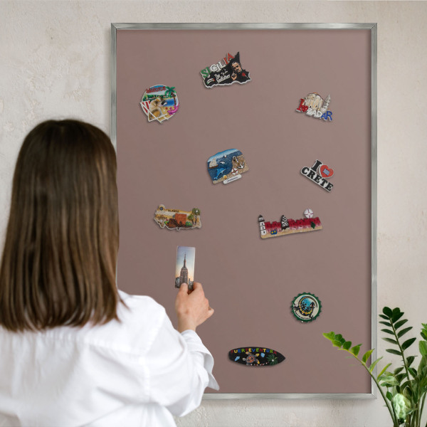 Souvenir magnet display board with a silver frame Pastel brown
