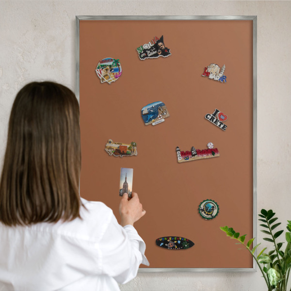 Souvenir magnet display board with a silver frame Dark orange