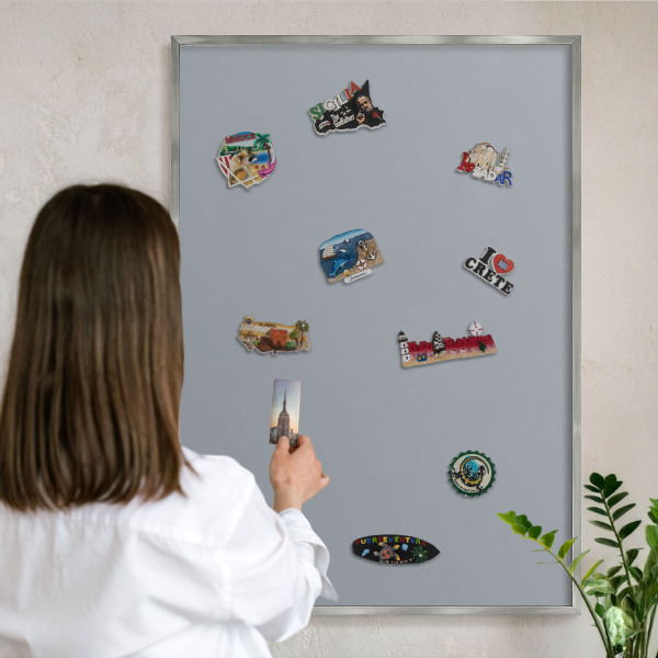 Printed magnet board in a silver frame Delicate gray