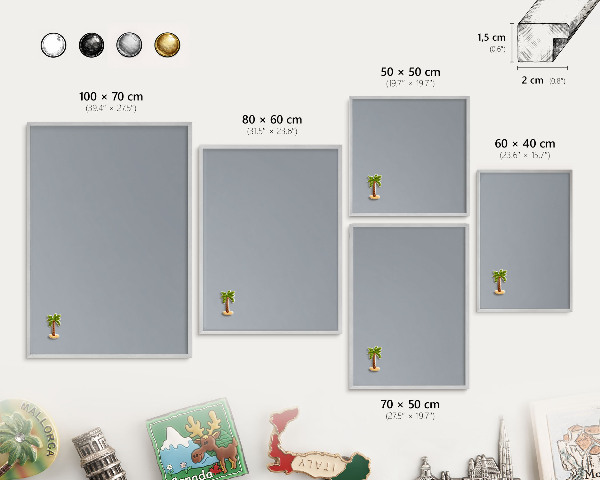 Printed magnet board in a silver frame Delicate gray