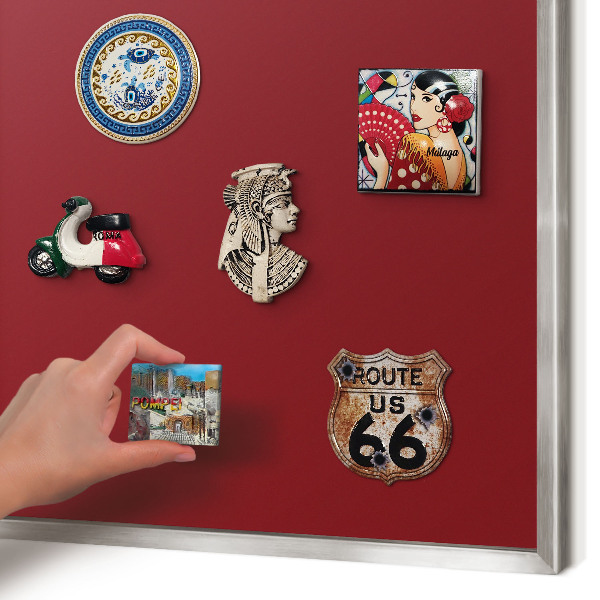Souvenir magnet display board with a silver frame Vivid burgundy