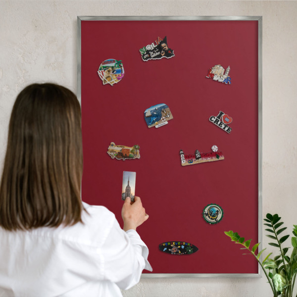 Souvenir magnet display board with a silver frame Vivid burgundy