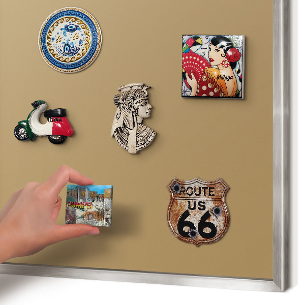 Souvenir magnet display board with a silver frame Brown color