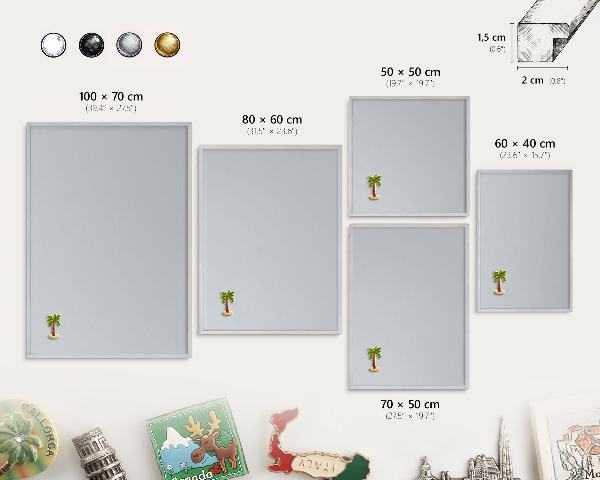 Souvenir magnet display board with a silver frame Light gray
