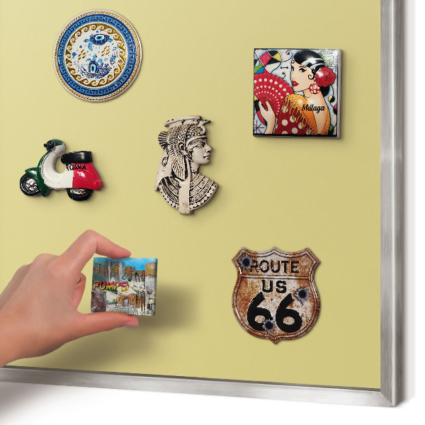 Souvenir magnet display board with a silver frame Vintage yellow