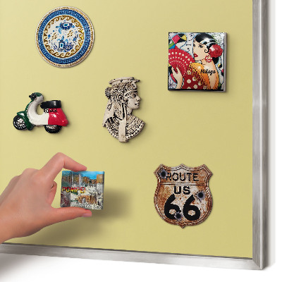 Souvenir magnet display board with a silver frame Vintage yellow