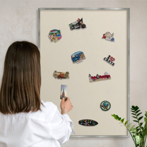 Souvenir magnet display board with a silver frame Light stone