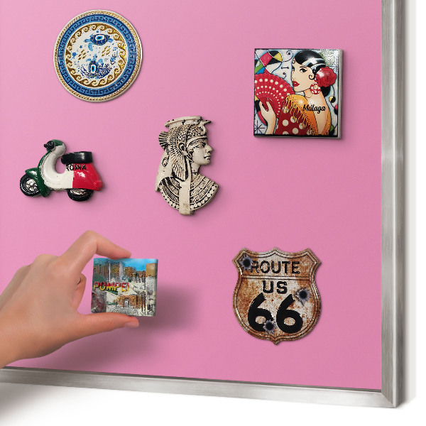 Souvenir magnet display board with a silver frame Cool pink