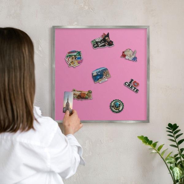 Souvenir magnet display board with a silver frame Cool pink