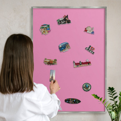 Souvenir magnet display board with a silver frame Cool pink