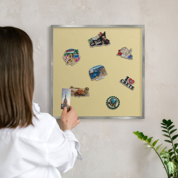 Souvenir magnet display board with a silver frame Beige-yellow