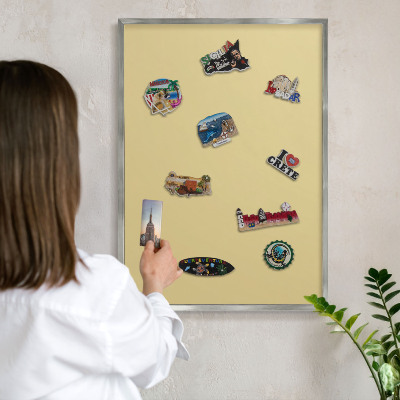 Souvenir magnet display board with a silver frame Beige-yellow
