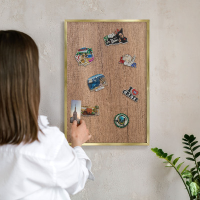 Magnetic board for magnets in a gold frame Wood texture