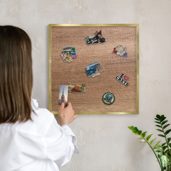 Magnetic board for magnets in a gold frame Wood texture