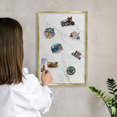 Metal magnet board with a gold frame Marble pattern