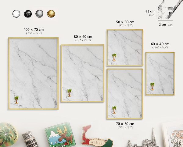 Metal magnet board with a gold frame Marble pattern