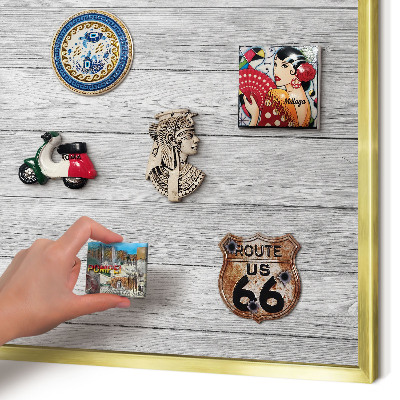 Metal magnet board with a gold frame Wooden texture