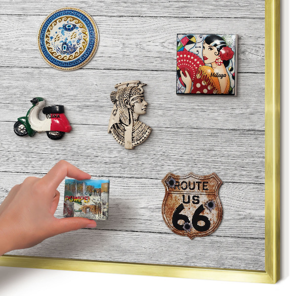 Metal magnet board with a gold frame Wooden texture