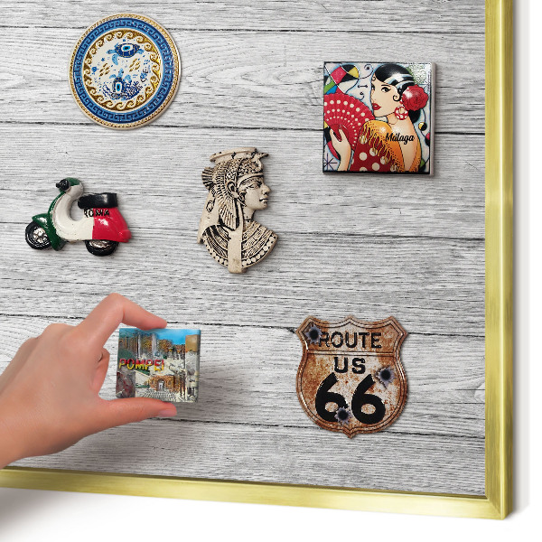 Metal magnet board with a gold frame Wooden texture