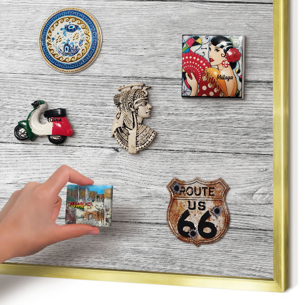 Metal magnet board with a gold frame Wooden texture