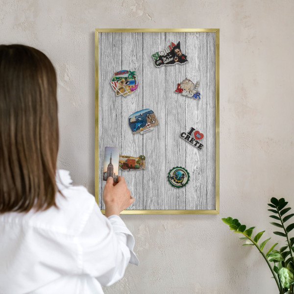 Metal magnet board with a gold frame Wooden texture
