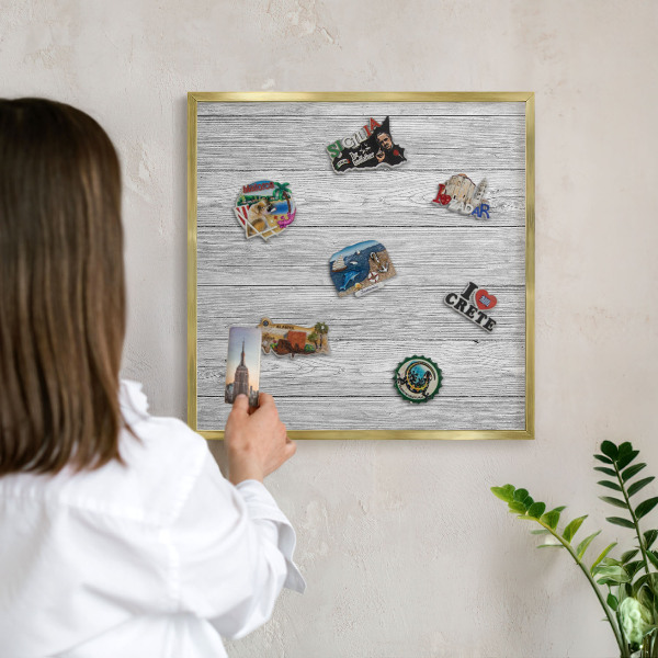 Metal magnet board with a gold frame Wooden texture