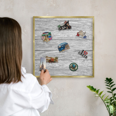 Metal magnet board with a gold frame Wooden texture