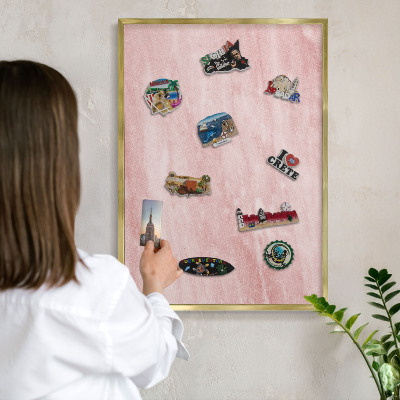 Metal magnet board with a gold frame Pink texture