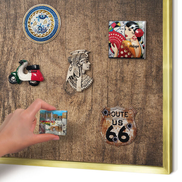 Metal magnet board with a gold frame Wooden texture