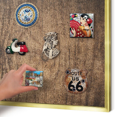 Metal magnet board with a gold frame Wooden texture