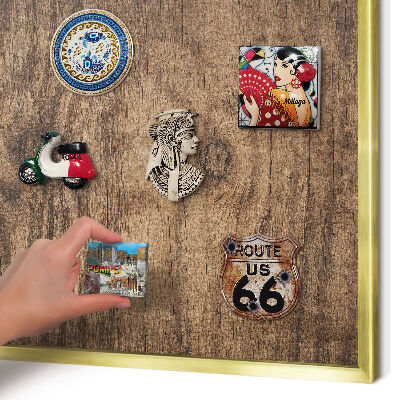 Metal magnet board with a gold frame Wooden texture