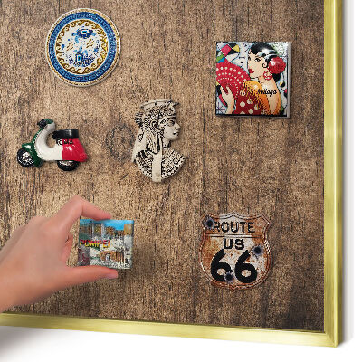 Metal magnet board with a gold frame Wooden texture