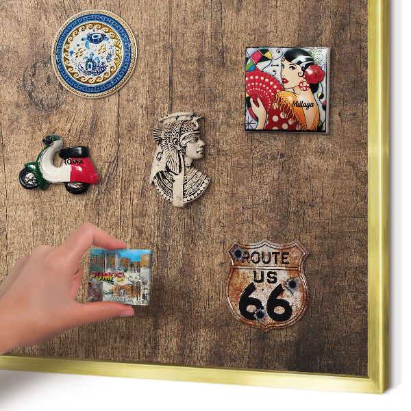 Metal magnet board with a gold frame Wooden texture