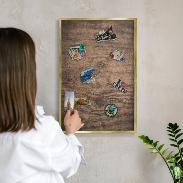 Metal magnet board with a gold frame Wooden texture